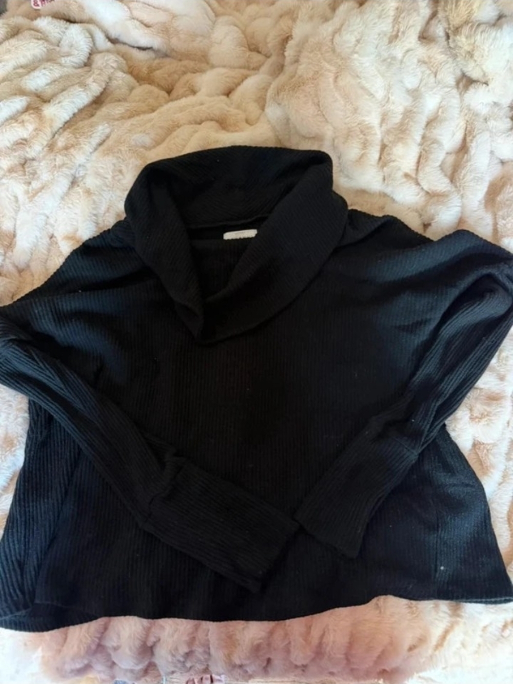 Lucky Brand Thermal Top Black Cowl Neck Short Sleeve